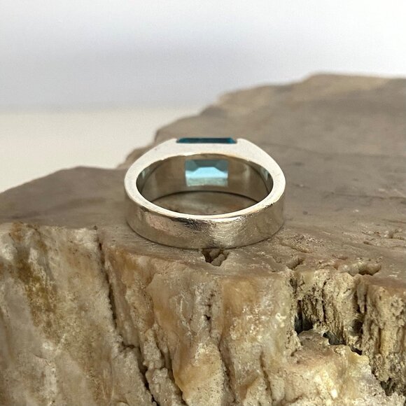 Sterling Silver 925 Horizontal Emerald Cut Blue Topaz Wide Band Ring Sz 7.75 - Picture 7 of 16